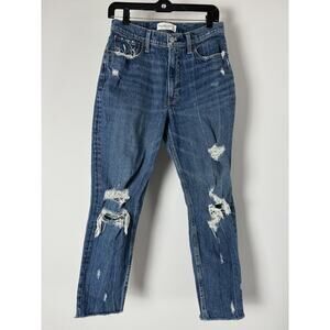 Abercrombie & Fitch High Rise Mom Jean Blue Distressed Raw Hem MINT